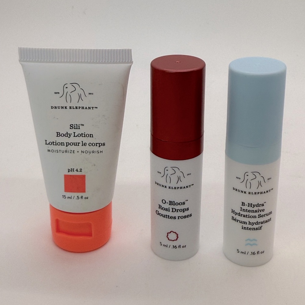 Drunk Elephant O-Bloos Rosi Drops,B-Hydra Intensive 5ML Ea & Sili Lotion 15ML